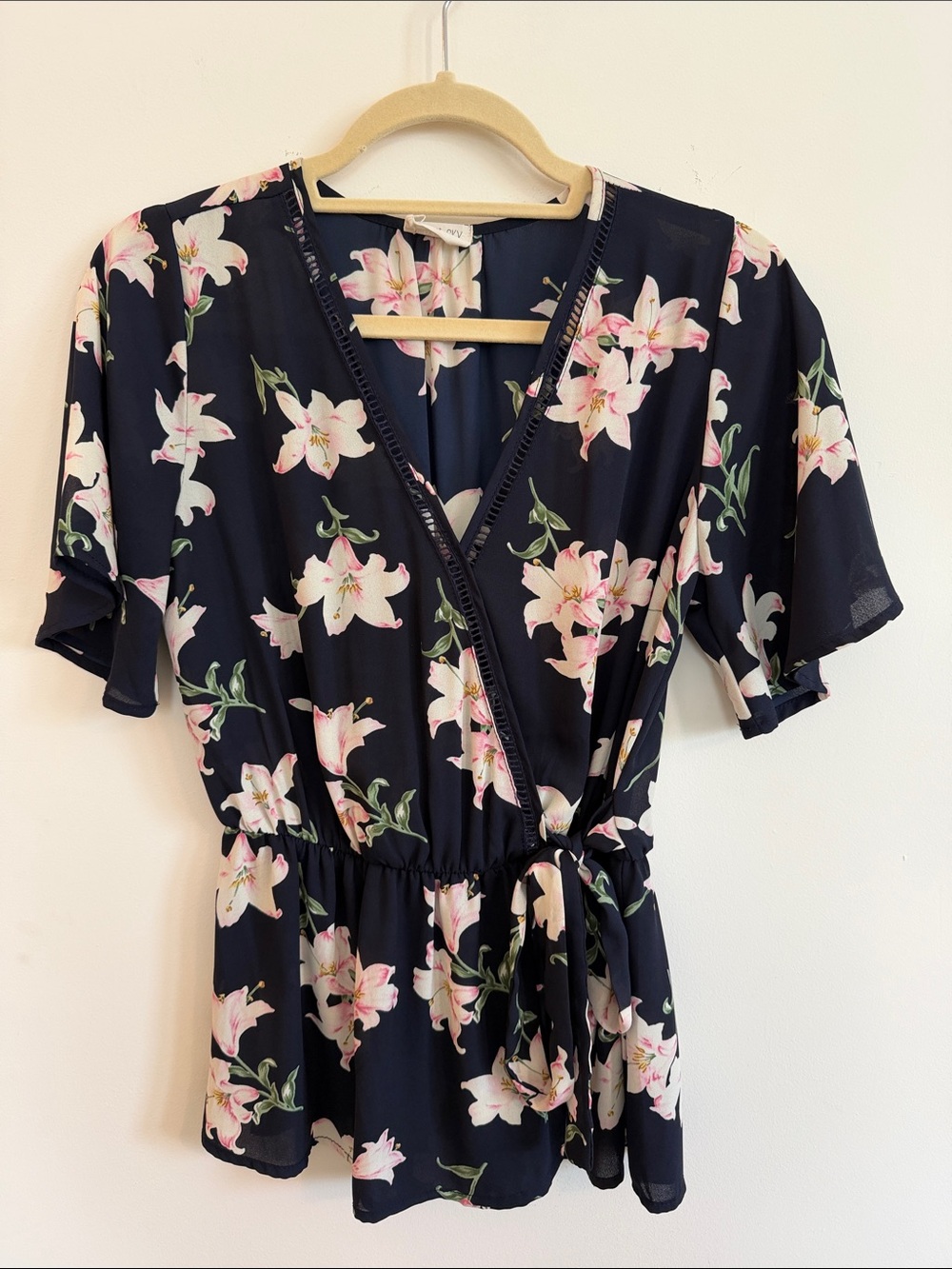 Sienna Sky Navy Floral Wrap Blouse with Pink Lilies